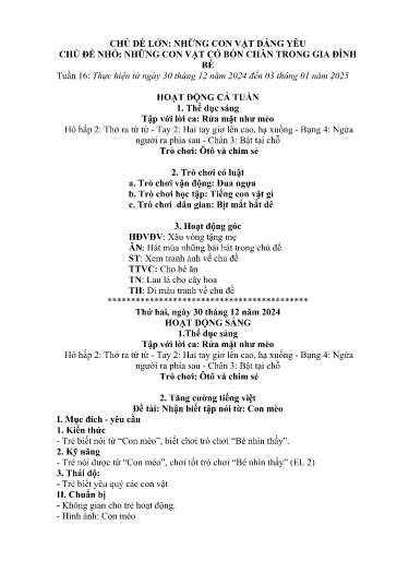 Kế hoạch bài dạy Mầm non Lớp Nhà trẻ - Tuần 16, Chủ đề: Những con vật đáng yêu - Chủ đề nhánh: Những con vật có bốn chân trong gia đình bé (Trường Chính)