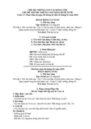 Kế hoạch bài dạy Mầm non Lớp Nhà trẻ - Tuần 17, Chủ đề: Những con vật đáng yêu - Chủ đề nhánh: Những con vật sống dưới nước (Trường Chính)