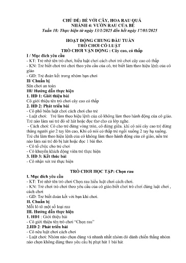 Kế hoạch bài dạy Mầm non Lớp Nhà trẻ - Tuần 18, Chủ đề: Bé với cây, hoa rau quả - Chủ đề nhánh 4: Vườn rau của bé (Trường Chính)