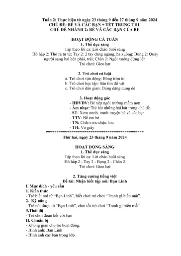 Kế hoạch bài dạy Mầm non Lớp Nhà trẻ - Tuần 2, Chủ đề: Bé và các bạn + Tết Trung Thu - Chủ đề nhánh 2: Bé và các bạn của bé (Trường Chính)