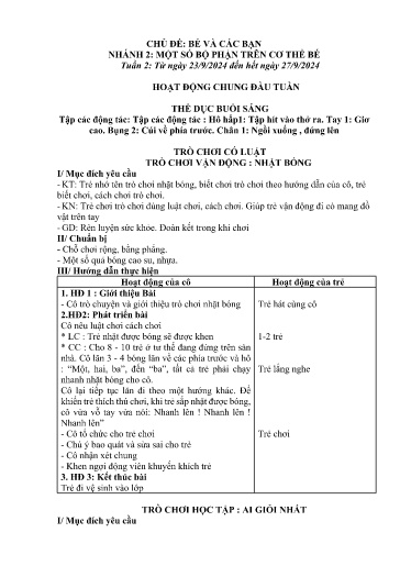 Kế hoạch bài dạy Mầm non Lớp Nhà trẻ - Tuần 2, Chủ đề: Bé và các bạn - Chủ đề nhánh 2: Một số bộ phận trên cơ thể bé (Trường Chính)