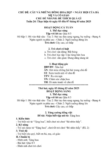 Kế hoạch bài dạy Mầm non Lớp Nhà trẻ - Tuần 24, Chủ đề: Cây và những bông hoa đẹp + Ngày hội của bà, mẹ và cô giáo - Chủ đề nhánh: Bé thích quả gì (Trường Chính)