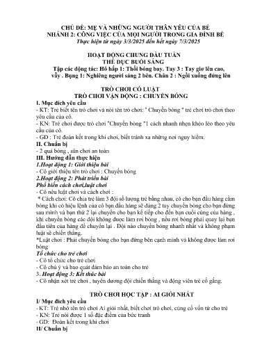 Kế hoạch bài dạy Mầm non Lớp Nhà trẻ - Tuần 24, Chủ đề: Mẹ và những người thân yêu của bé - Chủ đề nhánh 2: Công việc của mọi người trong gia đình bé (Trường Chính)