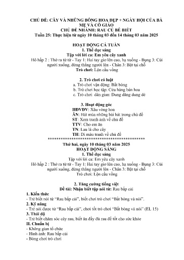 Kế hoạch bài dạy Mầm non Lớp Nhà trẻ - Tuần 25, Chủ đề: Cây và những bông hoa đẹp + Ngày hội của bà, mẹ và cô giáo - Chủ đề nhánh: Rau củ bé biết (Trường Chính)