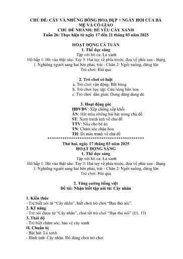 Kế hoạch bài dạy Mầm non Lớp Nhà trẻ - Tuần 26, Chủ đề: Cây và những bông hoa đẹp + Ngày hội của bà, mẹ và cô giáo - Chủ đề nhánh: Bé yêu cây xanh (Trường Chính)