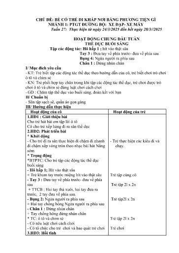 Kế hoạch bài dạy Mầm non Lớp Nhà trẻ - Tuần 27, Chủ đề: Bé có thể đi khắp nơi bằng phương tiện gì - Chủ đề nhánh 1: PTGT đường bộ: Xe đạp - Xe máy (Trường Chính)