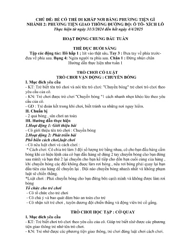 Kế hoạch bài dạy Mầm non Lớp Nhà trẻ - Tuần 28, Chủ đề: Bé có thể đi khắp nơi bằng phương tiện gì - Chủ đề nhánh 2: PTGT đường bộ: Ô tô - Xích lô (Trường Chính)