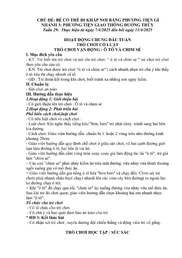 Kế hoạch bài dạy Mầm non Lớp Nhà trẻ - Tuần 29, Chủ đề: Bé có thể đi khắp nơi bằng phương tiện gì - Chủ đề nhánh 3: PTGT đường thủy (Trường Chính)
