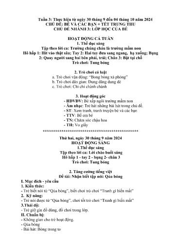 Kế hoạch bài dạy Mầm non Lớp Nhà trẻ - Tuần 3, Chủ đề: Bé và các bạn + Tết Trung Thu - Chủ đề nhánh 3: Lớp học của bé (Trường Chính)