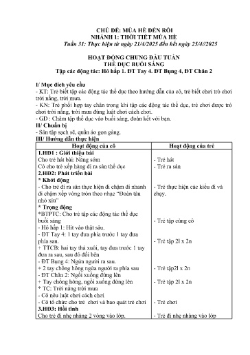 Kế hoạch bài dạy Mầm non Lớp Nhà trẻ - Tuần 31, Chủ đề: Mùa hè đến rồi - Chủ đề nhánh 1: Thời tiết mùa hè (Trường Chính)