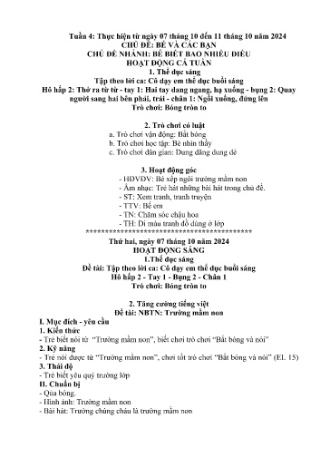 Kế hoạch bài dạy Mầm non Lớp Nhà trẻ - Tuần 4, Chủ đề: Bé và các bạn - Chủ đề nhánh: Bé biết bao nhiêu điều (Trường Chính)