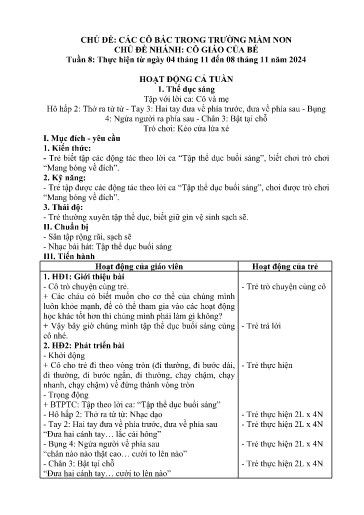 Kế hoạch bài dạy Mầm non Lớp Nhà trẻ - Tuần 8, Chủ đề: Các cô bác trong trường mầm non - Chủ đề nhánh: Cô giáo của bé (Trường Chính)
