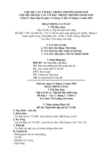 Kế hoạch bài dạy Mầm non Lớp Nhà trẻ - Tuần 9, Chủ đề: Các cô bác trong trường mầm non - Chủ đề nhánh: Các cô bác trong trường mầm non (Trường Chính)