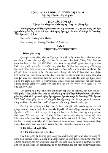 SKKN Giải pháp khai thác trí tuệ nhân tạo (AI) để tạo hứng thú học tập nhằm phát huy tính tích cực chủ động học tập cho học sinh lớp 3A1 trường Tiểu học số 2 Võ Lao (Hoàng Văn Hoành)