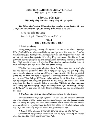 SKKN Một số biện pháp nâng cao chất lượng dạy học từ vựng Tiếng Anh cho học sinh lớp 3A3 trường Tiểu học số 2 Võ Lao (Trần Thị Giang)