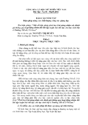 SKKN Một số biện pháp phát huy khả năng nhận xét, đánh giá thông qua hoạt động nhóm đôi khi tập luyện bài thể dục cho học sinh lớp 4 Trường TH số 2 Võ Lao (Nguyễn Thị Huyền)